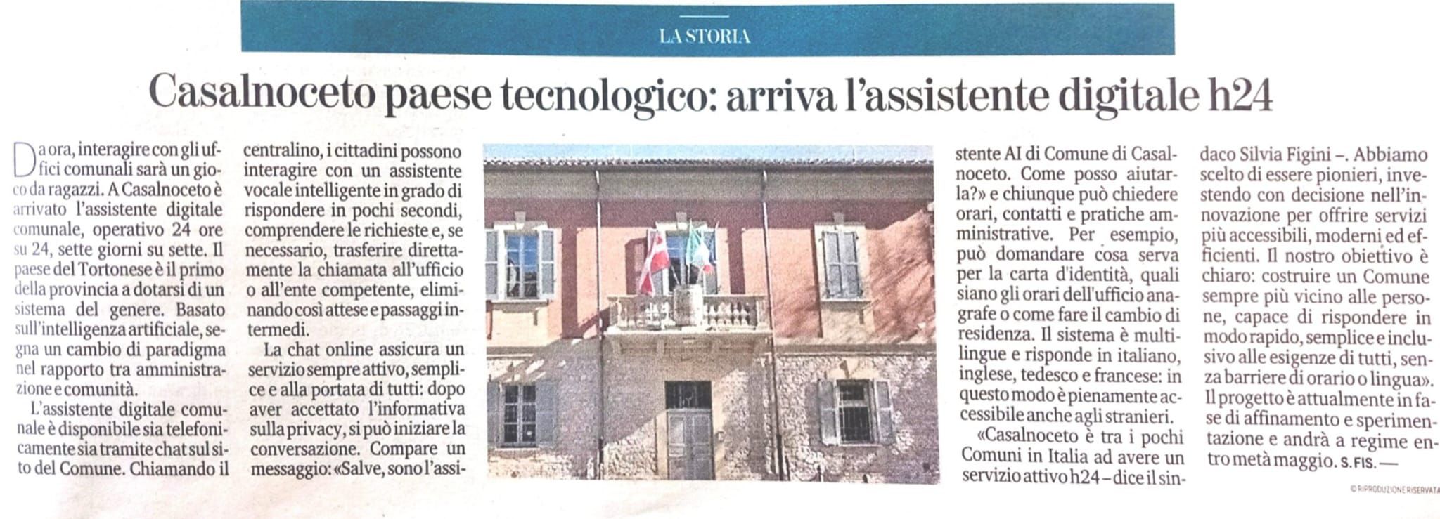 Articolo di stampa: Casalnoceto paese tecnologico, arriva l'assistente digitale h24